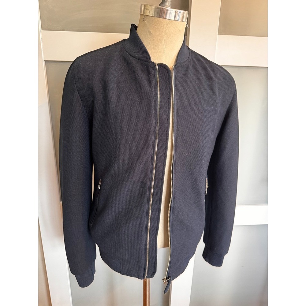 Zara Jacket Mens Navy Blue Bomber Man Full Zip Pockets Lining Coat M Ribbed Trim